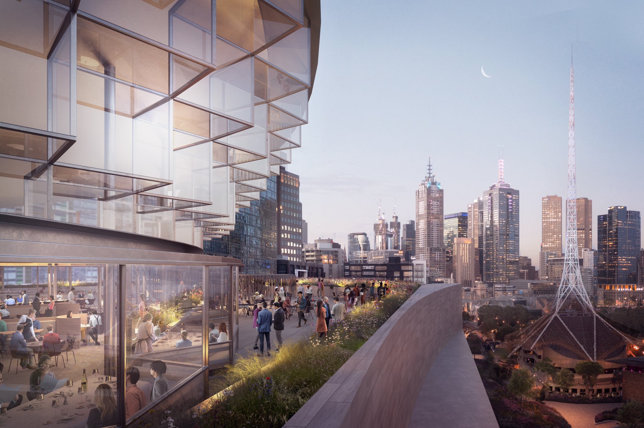 Expansive terrace with a restaurant and view of the Melbourne CBD, with people gathered on the terrace
